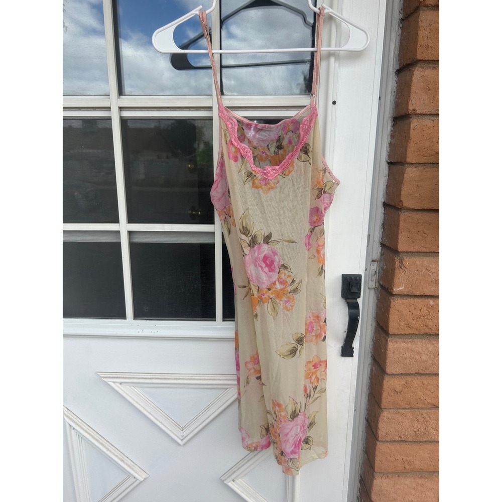 Floral Mesh Slip Dress Pink  Lace Trim Sheer Chemise Large Coquette Fairy Layer